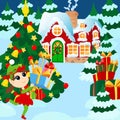 Elf girl running with gifts outside near the Christmas tree. Winter landscape near Santa\'s snowy house.