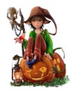 Elf Girl Sits on a Halloween Pumpkin