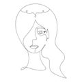 Elf girl. Woman`s face in one line. Sketch. The girl`s head. Vector illustration. Long hair, tiara with a droplet on the head.