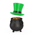 Elf Green Hat over Iron Cauldron Pot full of Golden Coins. 3d Rendering Royalty Free Stock Photo