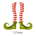 Elf green shoes and striped red leggings on thin legs