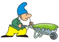 Elf with handcart , funny vector illustration