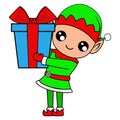 elf hold gift bag vector illustration : Cute Christmas Elf Sublimation Royalty Free Stock Photo