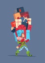 Elf Holding Gift Boxes Stack Over Gray Background Christmas Holiday Presents Concept Royalty Free Stock Photo
