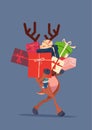 Elf Holding Gift Boxes Stack Over Gray Background Christmas Holiday Presents Concept Royalty Free Stock Photo