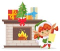 Elf Holding Letter by Fireplace with Pine Tree