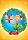 Elf holding present christmas card mistletoe background