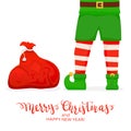 Elf Legs and Sack with Christmas Gift Boxes Royalty Free Stock Photo