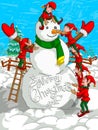 Elf making Snowman in Merry Christmas holiday background