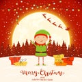 Elf on Red Winter Background with Gifts and Christmas Lights Royalty Free Stock Photo