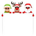 Elf Reindeer And Santa Claus Sunglasses Holding Empty Label Royalty Free Stock Photo