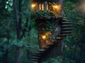 An elf's tree house with twinkling lights in a magical forest Royalty Free Stock Photo