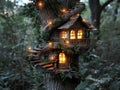 An elf's tree house with twinkling lights in a magical forest Royalty Free Stock Photo