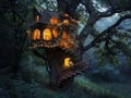 An elf's tree house with twinkling lights in a magical forest Royalty Free Stock Photo