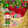 Elf, Santa`s helper on the background of sweets, decorated Christmas balls branches.