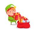 Elf Santa s Helper Put Christmas Presents Red Sack Royalty Free Stock Photo