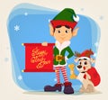 Elf with scroll standing close to funny dog Royalty Free Stock Photo