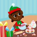 The elf sits at the table in the room and beats the icing. The girl is happy and joyful, she is preparing Christmas sweets.