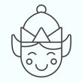 Elf thin line icon. Santa tiny helper person smilling face with hat. Christmas vector design concept, outline style