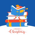 Christmas card with cute elf character read a book.
