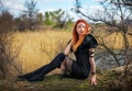 Elf woman with fiery hair on a log.