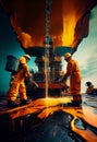 Elimination of an emergency situation at an oil producing station. Workers in protective uniforms work on an offshore