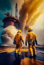 Elimination of an emergency situation at an oil producing station. Workers in protective uniforms work on an offshore