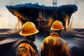 Elimination of an emergency situation at an oil producing station. Workers in protective uniforms work on an offshore