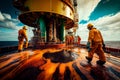 Elimination of an emergency situation at an oil producing station. Workers in protective uniforms work on an offshore