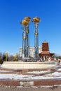 Fountain Three lotus at central square in spring. Elista. Kalmykia. Russia