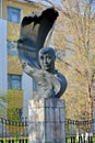ELISTA, RUSSIA. Bust of Kalmyk composer P.O. Chonkushov against the background of the building of the College of Arts named after