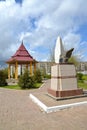 ELISTA, RUSSIA. A monument to Chernobyl veterans - to liquidators of accident and a rotunda arbor on Khrushchev Street