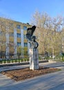 ELISTA, RUSSIA. Monument to Kalmyk composer P.O Chonkushov against the background of the building of the College of Arts named aft