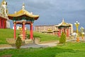 ELISTA, RUSSIA. Arbors with sculptures on the territory of the Buddhist complex `Golden Monastery of Buddha Shakyamuni` Kalmykia