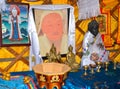 ELISTA, RUSSIA. Genghis Khan`s portrait and objects of a Buddhist cult in the Kalmyk yurta