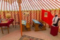 ELISTA, RUSSIA - JUNE 27, 2018: Interior of a school yurt in the Ethnical village museum of Kalmyk culture Bumbin Orn in
