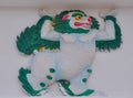 ELISTA, RUSSIA - MAY 9, 2018: Image of a snow lion on the stupa of Green Tara in the ethnohoton Bumbin Orn