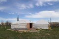 Elista, Russia: Museum of nomadic peoples. Two Mongolian yurts under a blue sky