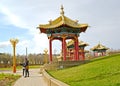 ELISTA, RUSSIA. People on the territory of the Buddhist complex `Golden Monastery of Buddha Shakyamuni.` Kalmykia