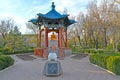 ELISTA, RUSSIA. A rotunda arbor with Buddha Shakyamuni and a memorable sign in the square
