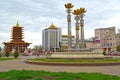 ELISTA, RUSSIA. The Sacred Lotus fountain and a pagoda of Seven Days at Lenin Square