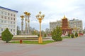 ELISTA, RUSSIA. The Sacred Lotus fountain and a pagoda of Seven Days at Lenin Square. Kalmykia