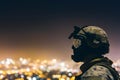 Elite member of US Army rangers in combat helmet and dark glasses. Neural network AI generated