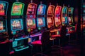 Elite room in the luxury vip casino with rows of gambling slots machine with bright neon colors. Generative AI