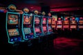 Elite room in the luxury vip casino with rows of gambling slots machine with bright neon colors. Generative AI