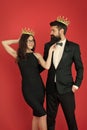 Elite society. Being recognised and proud. Proud couple. Woman and bearded man wear crowns. Selfish egoist. Superiority