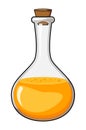 Elixir in glass bottle. Orange magic potion illustration isolated on white. Flask with chemical substance with bubble. Medicine or