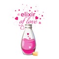Elixir of love bottle with pink liquid and hearts isolated