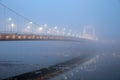 Elizabeth Bridge in mysterious fog over the icy Danube in Budapest, Hungary color photo