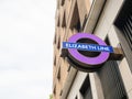 The Elizabeth line underground train station sign logo. Bond Street.